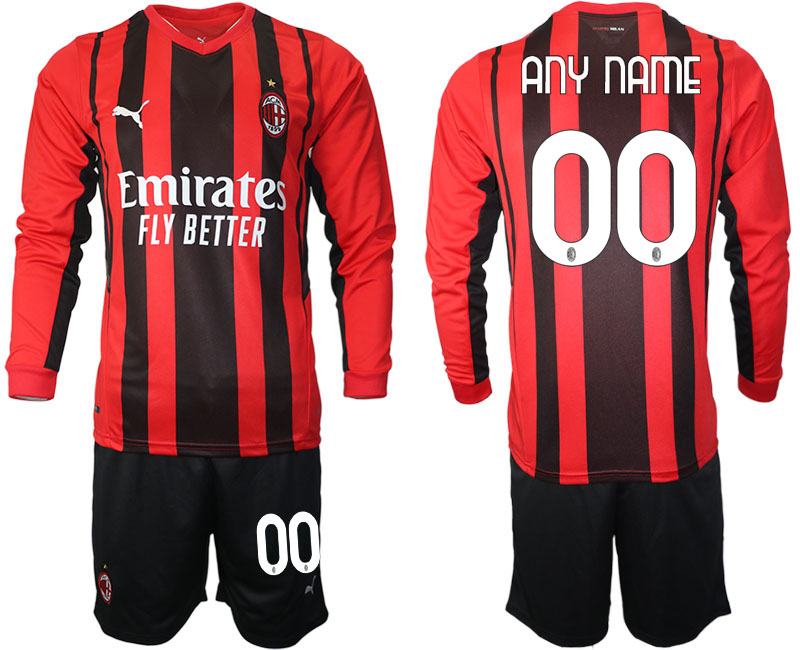 Men 2021-2022 Club Ac Milan home red Long Sleeve customized Soccer Jersey->customized soccer jersey->Custom Jersey